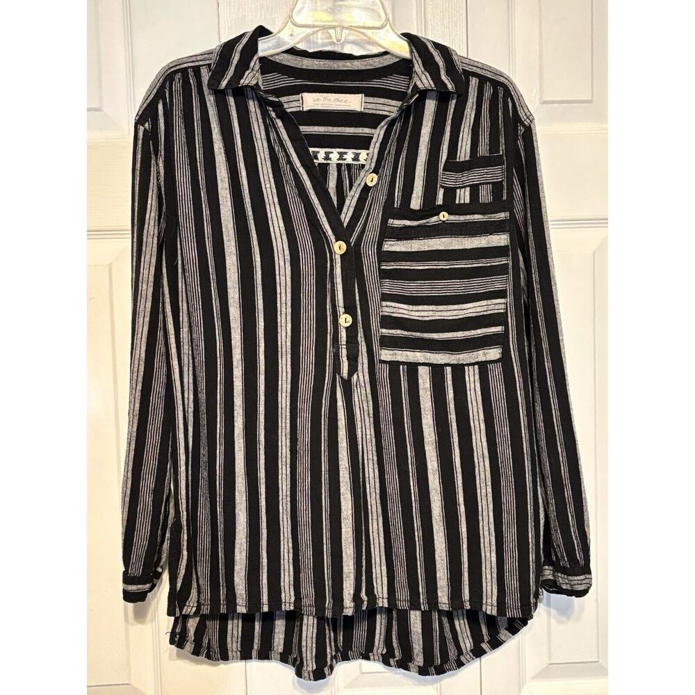 We The Free Womens Black Gray Linen Blend Summer Breeze Stripe Popover S Boho